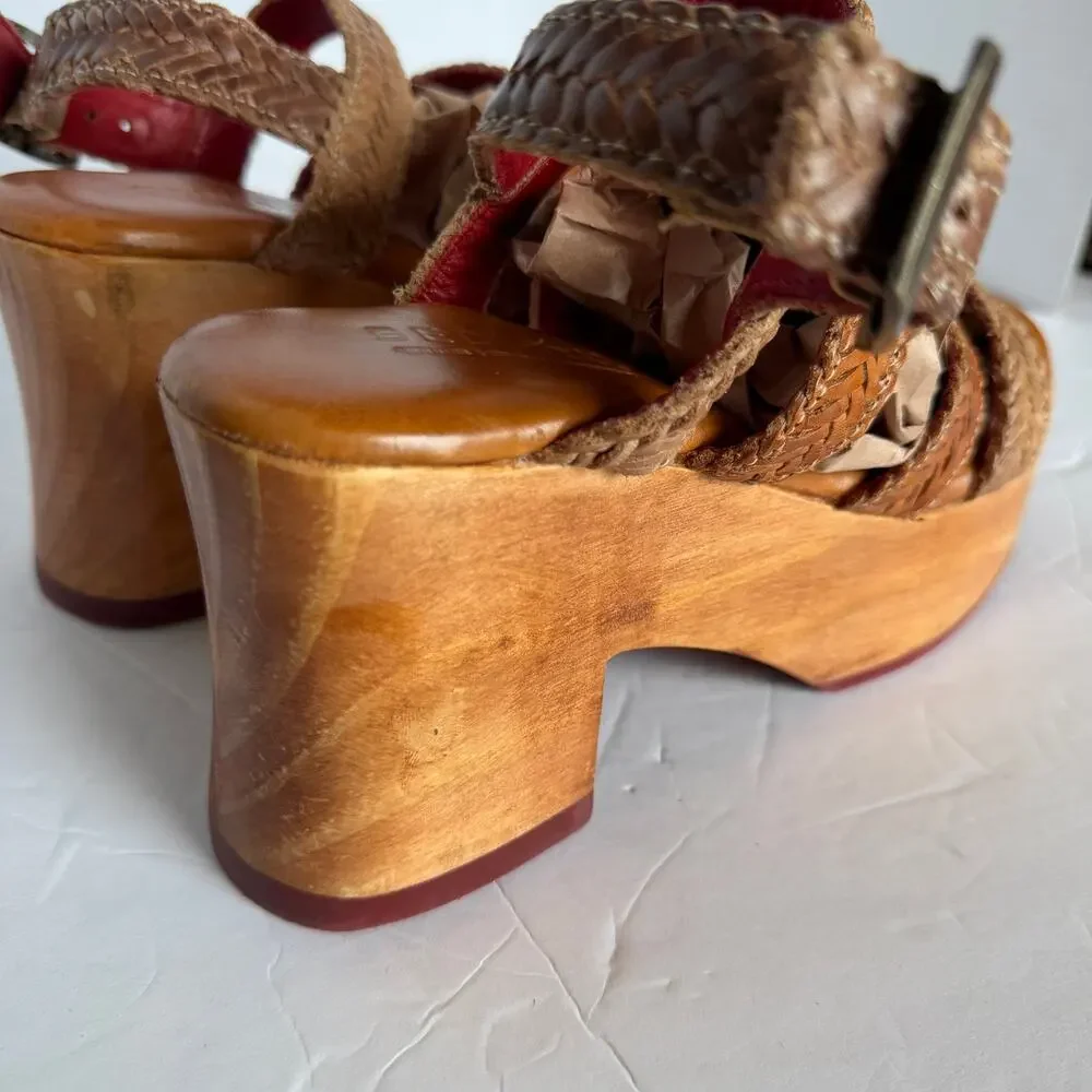 Bed Stu Voicing Braided Leather Platform Sandals Wood Block Heel Tan Clog Sz 6.5